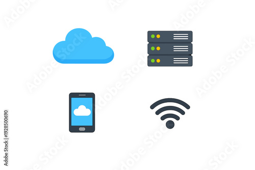 A collection of four technology icons including a blue cloud, a server rack, a smartphone with a cloud icon, and a wireless signal symbol, all set against a black background.