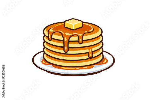 This cartoon illustration features a stack of five fluffy pancakes on a white plate, topped with a pat of butter and dripping syrup, isolated on a black background.