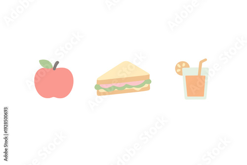A simple illustration of a red apple, a ham and lettuce sandwich, and a glass of orange juice with a straw and lemon slice, set against a solid black background.