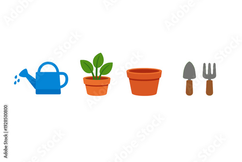 A collection of gardening tools including a blue watering can, a potted green plant, an empty terracotta pot, a trowel, and a hand fork arranged in a row on a black background.