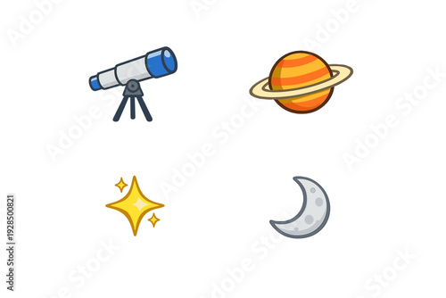 A collection of four space-themed icons featuring a blue telescope, a ringed planet, a shining yellow star, and a grey crescent moon with craters, all set against a black background.