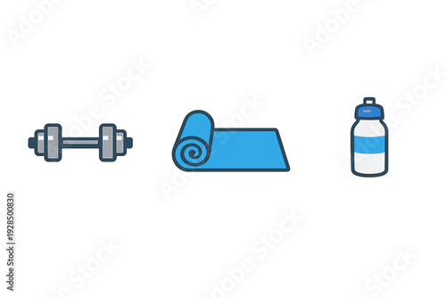 This minimalist flat vector illustration features a gray dumbbell, a blue yoga mat, and a blue water bottle arranged horizontally against a solid black background.