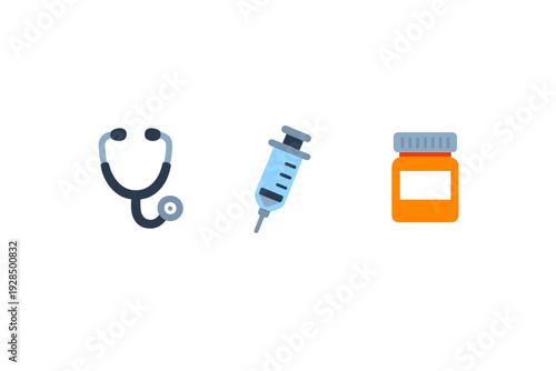 A flat vector illustration featuring three medical icons including a stethoscope, a syringe, and an orange medicine bottle arranged horizontally against a solid black background.