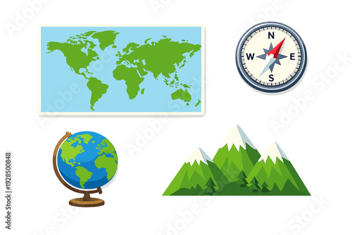 This vector illustration features a world map, a navigational compass, a desk globe, and a range of snow-capped green mountains, representing travel and global exploration.