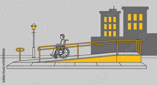 Accessible Cityscape Depicting Wheelchair Ramp For People With Disabilities And Urban Design