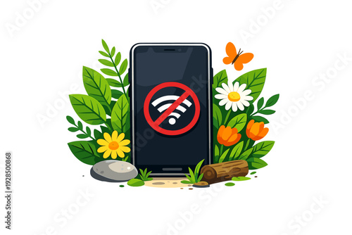 A mobile phone with a crossed out wifi icon sits among vibrant green foliage, flowers, and a butterfly on a dark background, symbolizing a break from technology in nature.