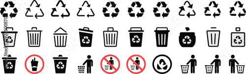 Recycling and waste management icons set with recycle symbols, trash bins, prohibition signs and people throwing garbage isolated on white background