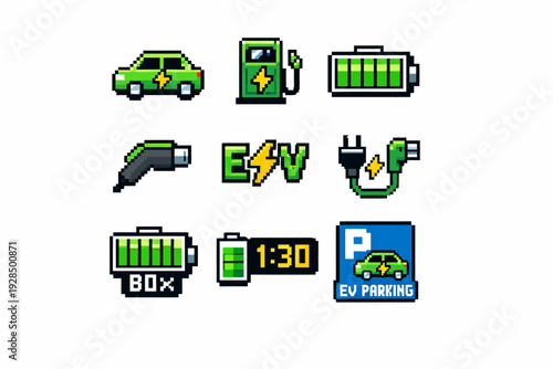 Pixel art electric vehicles: ev icons with charging and parking symbols