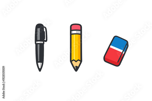This illustration features a black pen, a yellow pencil, and a two-toned eraser arranged horizontally on a black background. The school supplies are depicted in a clean, flat vector style.