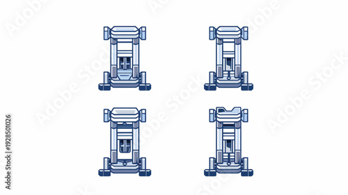 Four stylized renderings of a machine or structure, featuring a consistent blue and white color scheme