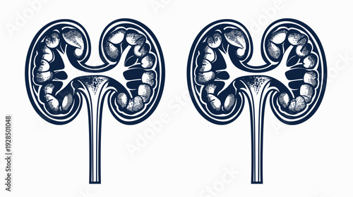 Anatomical illustration of the kidneys in a stylized, illustrative design