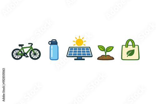A set of five eco-friendly icons including a green bicycle, a reusable water bottle, a solar panel with a sun, a growing plant sprout, and a reusable shopping bag on a black background.