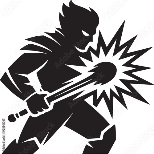 Powerful hero silhouette wielding mace with explosive energy in dynamic action pose for comic book design
