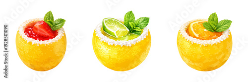 Watercolor citrus lemon cocktail shots set, vecrors isolated on white background