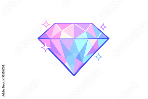 A digital illustration of a faceted diamond in pastel pink, purple, and blue shades. The gemstone is surrounded by four-pointed sparkles against a dark, textured background.