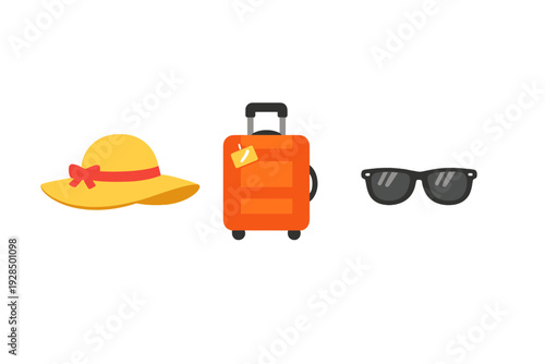 A flat illustration featuring a yellow sun hat with a red ribbon, an orange suitcase with a luggage tag, and a pair of black sunglasses isolated on a solid black background.
