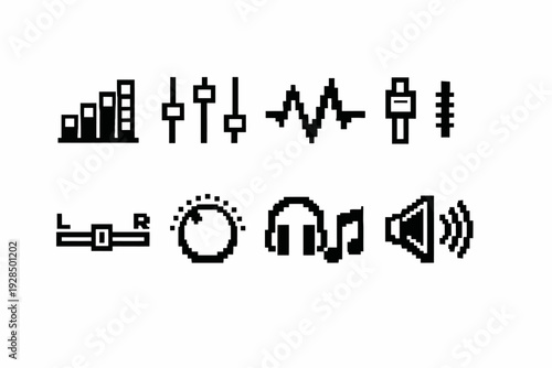 Set of black and white pixel art audio control icons for music and sound editing