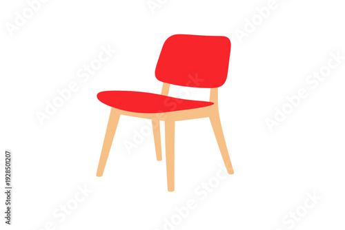 A minimalist illustration of a modern chair featuring a bright red seat and backrest supported by light-colored wooden legs, set against a solid black background.