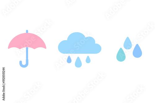 A pink umbrella, a blue cloud with raindrops, and three separate water droplets are shown as flat icons on a black background. This set represents rainy weather conditions.