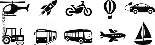 Transportation icons set with helicopter, rocket, motorcycle, hot air balloon, electric car, tractor, tram, bus, airplane and sailboat isolated on white background