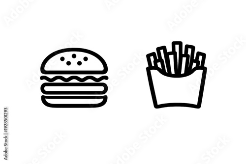 A minimalist black and white line art illustration featuring a classic hamburger and a carton of french fries. The simple graphic icons are centered on a solid black background.