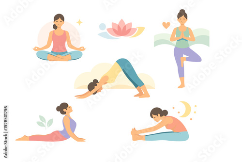 Five flat vector illustrations of a woman performing different yoga asanas like meditation and stretching, accompanied by symbols like a lotus flower and a crescent moon.