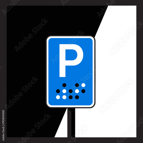 Accessible Parking Sign: Modern Design with Braille Symbols, Blue and White Contrast