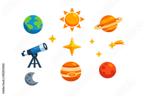 A collection of colorful space icons including planets like Earth, Mars, and Saturn, along with a telescope, stars, a crescent moon, and a comet set against a black background.