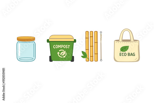 A set of four eco-friendly icons including a glass jar, a green compost bin, bamboo straws with a cleaning brush, and a reusable canvas eco bag on a black background.