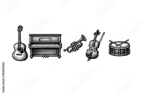 This monochrome engraving depicts five musical instruments including a guitar, upright piano, trumpet, violin with bow, and a snare drum with sticks on a black backdrop.