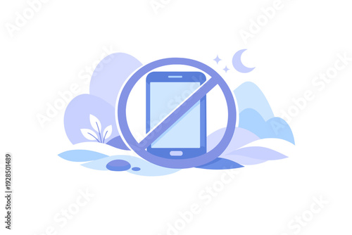 A flat illustration shows a smartphone inside a prohibition sign against a nighttime background with a crescent moon, stars, and clouds, representing a digital detox or sleep hygiene.