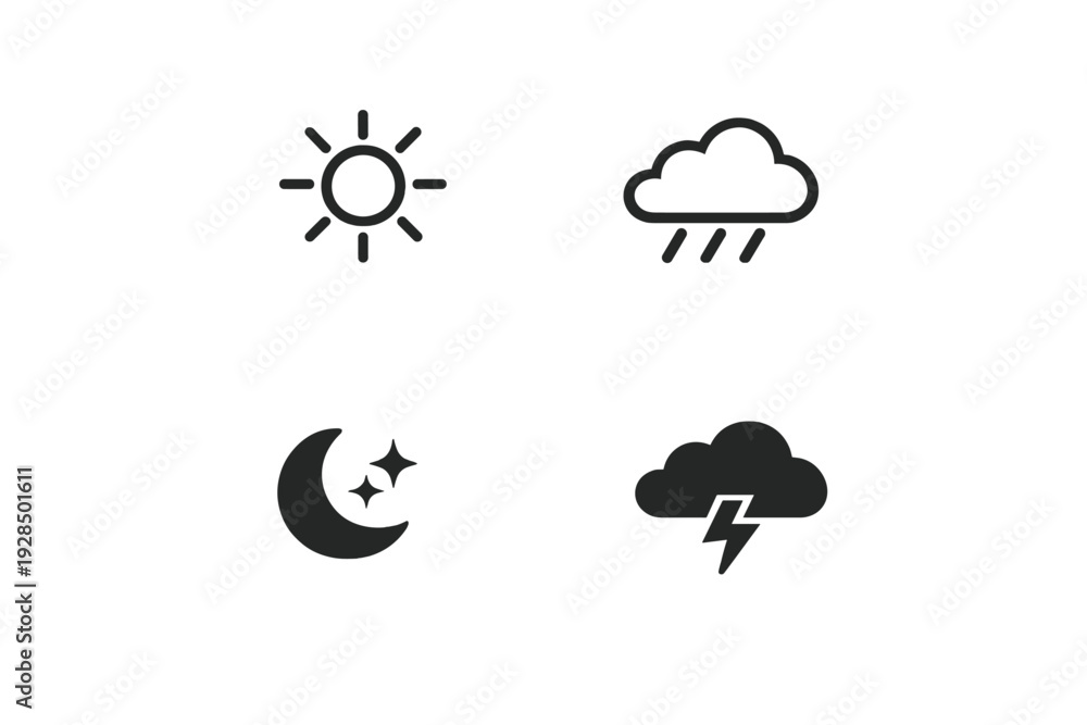 Obraz premium A set of four simple black weather icons on a white background including a sun, a rain cloud, a crescent moon with stars, and a storm cloud with a lightning bolt symbol.