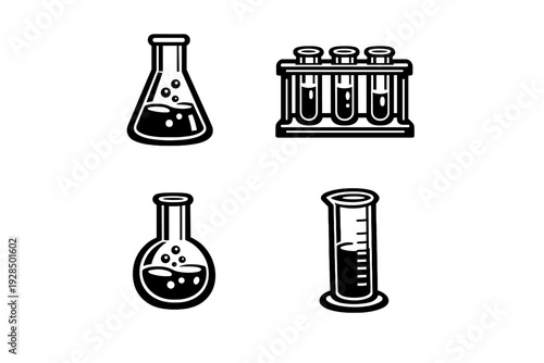 A set of four white laboratory glassware icons on a black background, including an Erlenmeyer flask, test tubes in a rack, a round-bottom flask, and a graduated cylinder.