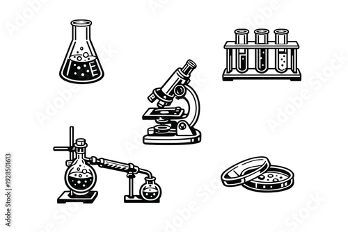 A collection of black and white laboratory equipment icons including a microscope, test tubes in a rack, an Erlenmeyer flask, a distillation setup, and a petri dish on a black background.