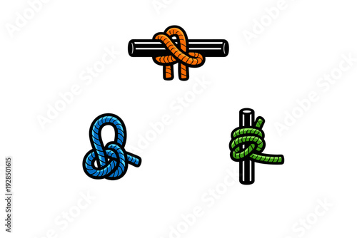 Three colorful rope knots in orange, blue, and green are displayed against a solid black background. Each knot has a distinct shape and stylized cartoon appearance with black outlines.