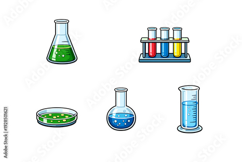 A collection of cartoon laboratory glassware including an Erlenmeyer flask, test tubes in a rack, a petri dish, a round-bottom flask, and a graduated cylinder with colorful liquids.