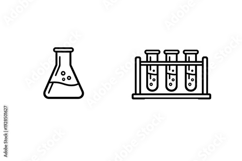 A minimalist black and white line art illustration featuring an Erlenmeyer flask and a test tube rack with three tubes, both containing bubbling liquid on a dark background.