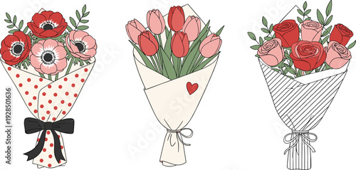 Romantic flower bouquet collection with roses tulips anemones wrapped in paper vector illustration set