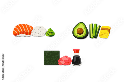 A collection of stylized sushi ingredients including salmon, rice, wasabi, avocado, cucumber, tamago, nori, ginger, and soy sauce, isolated on a black background.