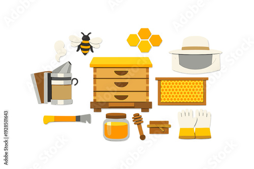 A collection of beekeeping equipment icons including a beehive, honey jar, smoker, protective hat, gloves, and a bee, presented in a stylized flat design on a black background.