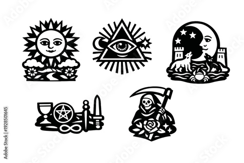 A collection of five white occult and tarot symbols on a black background, including the sun, the moon, the eye of providence, magical tools, and the grim reaper with a scythe.