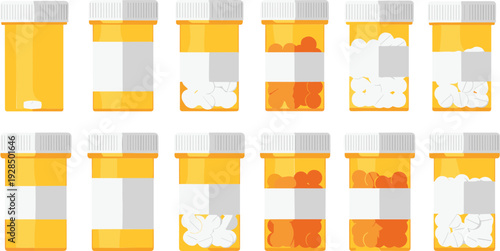Prescription pill bottles collection with various medicines and capsules isolated on white background flat vector illustration