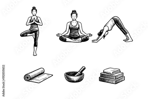 A collection of white hand-drawn sketches on a black background featuring three women in various yoga poses and three essential mindfulness accessories including a mat and singing bowl.