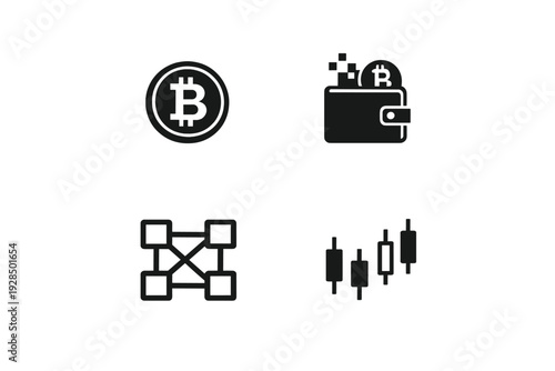A collection of four black minimalist icons representing cryptocurrency concepts including a digital coin symbol, a wallet, a blockchain network, and a candlestick trading chart.