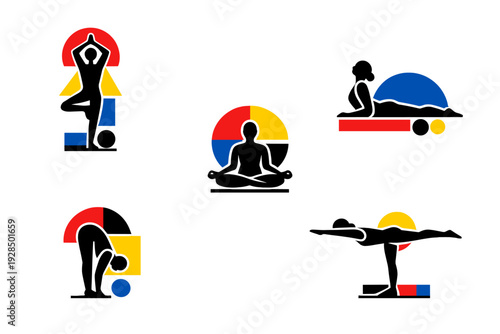 A collection of five stylized human silhouettes performing various yoga positions, integrated with abstract geometric patterns in primary colors on a solid black background.