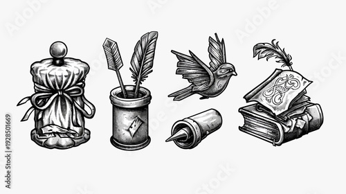 A grayscale ink illustration of various writing and decorative objects pens, books, a bird, and containers