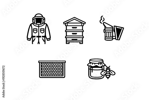 This set of white line icons on a black background illustrates beekeeping equipment including a protective suit, a wooden beehive, a smoker, a honeycomb frame, and a honey jar.
