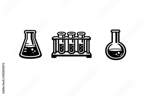 A set of three white laboratory glassware icons including an Erlenmeyer flask, test tubes in a rack, and a round-bottom flask, all containing bubbling liquid on a black background.
