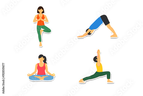 A set of four flat vector illustrations featuring people in various yoga poses, including tree pose, downward dog, lotus position, and a lunge, isolated on a black background.