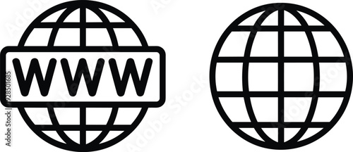 WWW globe internet icons set isolated on white background, world wide web symbol and global network connection illustration in black outline style